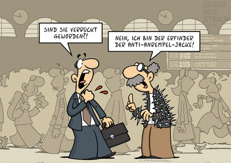 Beim Stöbern in meinen älteren Cartoons wiedergefunden: Die Anti-Anrempel-Jacke – leider bis heute nicht im Handel.